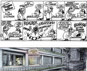 Primeira (em 1983) e a última tirinha (8 de maio de , 2016)publicada por Angeli, no caderno Ilustrada, da Folha de São Paulo.